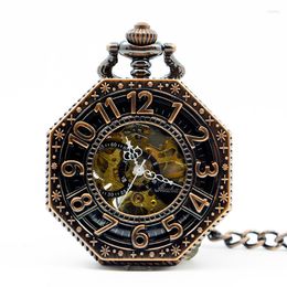 Pocket Watches Antique Octagon Numbers Hand-Winding Skeleton Mechanical Watch With Fob Chain For Men Women