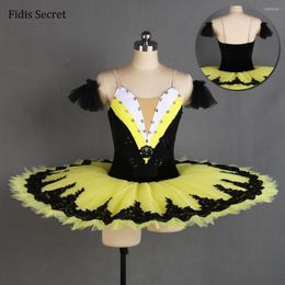 Stage Wear Yellow Pleated Tulle Black Velvet Bodice Pancake Ballet Tutu Dress Women Ballerina Dance Performance Professional Costumes