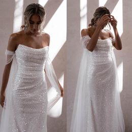 Elegant Mermaid Wedding Dresses Strapless Draped Shining Sequined Sleeveless Slim Floor Length Custom Made Plus Size Vestidos De Novia