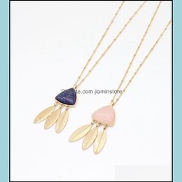 Pendant Necklaces Fashion Gold Color Leaf Triangle Natural Stone Necklace Pink Crystal For Women Jewelry Drop Delivery Pendants Ot1Ia