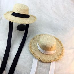 Wide Brim Hats Summer Women Beach Raffia Black White Ribbon Hat Bow Temperament Flat Cap Straw Women's Seaside HatWide Davi22