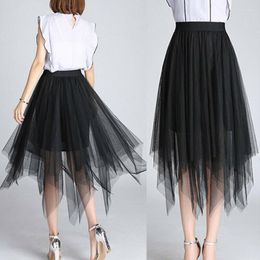 Skirts Women Tulle Mesh Skirt Elastic High Waist Pleated Irregular Long Black White Grey One Size