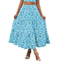 Skirts Maxi For Women Plus Size Summer Boho Printing Elastic Waist Pleated A Line Flowy Swing Tiered Pocket Beach Skirt Dress