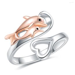 Cluster Rings 925 Sterling Silver Heart Wave Cute Animal Mother Daughter Dolphin Ring Sea Ocean Gifts Mothers Day Jewelry For Women Mom