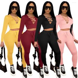 Women's Two Piece Pants Women's Tracksuit 2 Long Sleeve Workout Clothes Casual Lounge Wear Set Fitness Sport Outfit Crop Top Matching