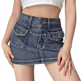 Skirts Women Mini Denim Y2k Fashion Rhinestone High Waist Flap Pocket Short Jean Female Clothing