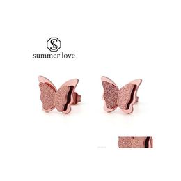 Stud Sale Scrub Butterfly Stainless Steel Earrings For Women Double Titanium Rose Gold And Siergold Fashion Drop Delivery Jewellery Dhq7N