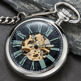 Pocket Watches Antique Smooth Silver Skeleton Transparent Mechanical Watch For Men FOB Chain Hand Winding Reloj De Bolsillo