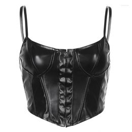 Women's Tanks Women Sexy Spaghetti Strap Corset Crop Top Artificial Leather Black Bustier Camisole Hook Eye Closure Low Cut Backless Slim