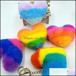 Key Rings Heart Pompoms Rainbow Plush Balls Keychains Pendant For Women Fashion Car Bag Accessories Keyfobs Holder Drop Delivery Jewe Otf31