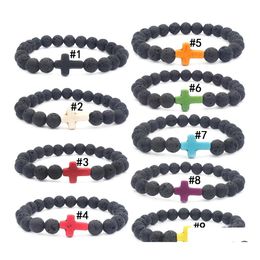 Beaded Strands Mens Lava Rock Cross Charm Bracelet Black Natural Volcanic Healing Energy Stone Yoga Beads Bangle For Women Fashion Otnhv