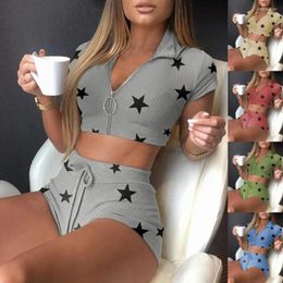 Active Sets Sexy 2 Pieces Set Homewear Women V Neck Short Sleeve Zipper Star Print Crop Tops High Waist Shorts Sport Outfit Tracksuit