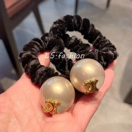 Fashion Pearl Black Ribbon Hair Ties For Women Girls Summer Elastic Beaded Ponytail Holders Hair Ropes Scrunchies 1500