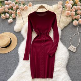 Casual Dresses Women Sexy Sweater Dress Autumn Winter O-neck Long Sleeve Bodycon Knitted Slim Elastic Knee Length Pencil Vestidos