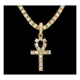 Pendant Necklaces Egyptian Ankh Key Of Life Mens Iced Out Bling Crystal Cross Gold Sier Tennis Chain For Women Rapper Hip Hop Jewelr Otyks