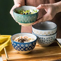 Bowls Vintage Embossed Pottery Rice Japanese Soup Noodle Salad Bowl Retro Home Kitchen Tableware Decorations Ceramic Dinner