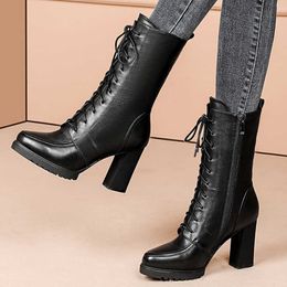 Boots Warm Short Plush Winter for Women 2022 High Heels Pu Leather Mid Calf Woman Platform Motorcycle Botas Shoes 221215