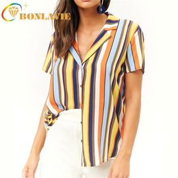 Women's Blouses & Shirts Summer Chiffon Blouse Stripe Printed Pattern Short Sleeve V-collar Loose Type Casual Office Lady Cardigan S To 3XL