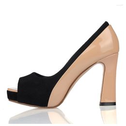 Dress Shoes 2023 Sexy Peep Toe Strange Style Heels Genuine Leather Platform Pumps Ladylike Temperament Mixed Color Women's Party