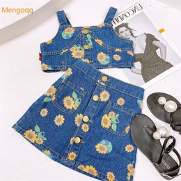 Clothing Sets Children Princess Off Shoulder Flower Print Top Vest Skirts Kids Baby Girls Fashion Denim Clothes Set 2pcs 3-8Y