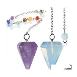 Arts And Crafts Small Size Natural Stone Pendum For Dowsing Amethysts Lapis Opal Crystal Cone Healing Chakra Chain Hexagonal Pendant Dh6Fa