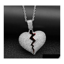Pendant Necklaces Hip Hop Broken Love Heart Necklace Iced Out Bling Crystal Heartshaped Gold Sier Twisted Rope Chain For Women Men R Otusj