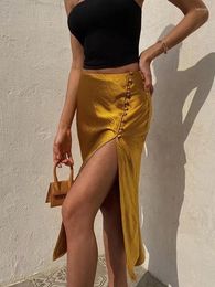 Skirts Elegant Button Up Midi Satin For Women Clothes Summer Slit Long Boho Beach Party Style Female Skirt Gold 2023