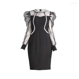 Casual Dresses Bodycon Dress 2023 Spring Summer High Quality Clothing Women Sexy Tulle Mesh Beading Deco Long Sleeve Party Slim Fitted