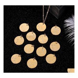 Pendant Necklaces 12 Zodiac Sign For Women Men Personalised Crystal Constellations Stainless Steel Coin Gold Chains Fashion Jewellery Otddn