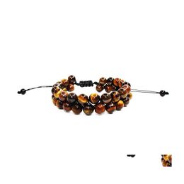 Beaded Strands Oiquei Adjustable Classic Tiger Eye Natutal Stone Braided Bracelet Men Handmade Double Layer Handwoven Healing Brace Dhc8O