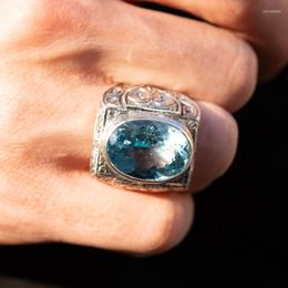 Cluster Rings Vintage Pattern Jewellery For Party Aquamarine Men Huge Oval Cubic Zirconia Design Gothic Punk Ring Size 6-13