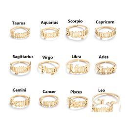 Cluster Rings Gold Sier Colour 12 Constellation Adjustable For Women Cancer Leo Virgo Libra Letter Ring Zodiac Star Steel Metal Drop Dh7Gn