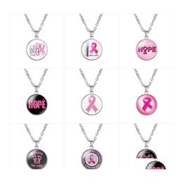 Pendant Necklaces Breast Cancer Awareness Pink Ribbon For Women Glass Faith Hope Cure Believe Letter Chains Fashion Jewelry In Bk Dr Otqzw