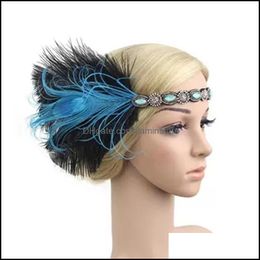 Headbands 1920S Headpiece Feather Flapper Headband Great Gatsby Headdress Vintage Party Costume Hair Drop Delivery Jewelry Hairjewelr Ot8S9
