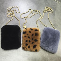 Wallets 2023 Ladies Bag Rex Fur Mobile Wallet Smart Phone Shoulder Strap Handbag Leisure Plush Messenger