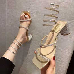 Dress Shoes Women Sandals 2023 Sexy Club Rhinestone High Heels Snake Ankle Straps Square Toe Sequined Cloth Party Banquet