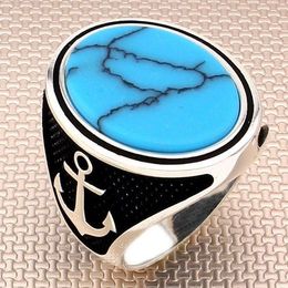 Cluster Rings Oxidised Straight Oval Blue Raw Turquoise Stone Men Silver Ring With Anchor Motif Made In Turkey Solid 925 Sterling