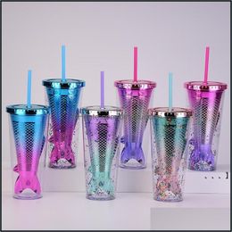 Tumblers New350Ml As Doublelayer Plastic Tumbler Gradient Color Mermaid Tail Electroplated Sequined Water Cups With Sts Sea Way Rrd1 Ott5S