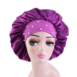 Beanies Beanie/Skull Caps Ly Satin Rhinestone Sleep Cap Women Hair Care Salon Makeup Headband Crystal Head Cover Bonnet Hat Wide-Brimmed