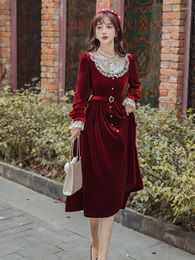 Casual Dresses YOSIMI Woman Party Dress Elegant 2023 Fall Red Wine Velvet Patchwork White Lace Mid-calf Long Sleeve Women Female