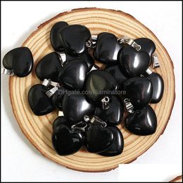 Charms Natural Black Obsidian Stone Heart Beads Healing Pendant Women 20Mm Wholesale For Jewellery Making Earring Accessories Drop Del Otojk