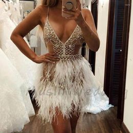 Party Dresses Luxury Feather Prom Sexy Spaghetti Straps Beaded Crystal Nude Evening Dress 2023 Black Girls African Formal Gowns