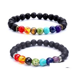 Charm Bracelets 8Mm Lava Rock 7 Chakra Bracelet Aromatherapy Essential Oil Diffuser Bangle Elastic Natural Stone Beads Q51Fz Drop De Dhqri