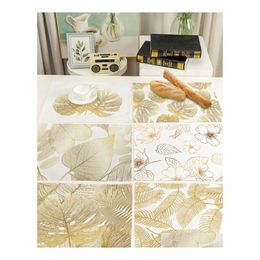 Mats Pads Gold Leaf Placemat Tablecloth Cotton Linen Nonslip Placemats Singlesided Printing Waterproof Heat Insation Mat Drop Deli Dhmxo