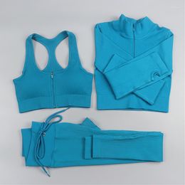Active Sets Women Gym Set Feamle Seamless 2PCS Two Piece Crop Top Zipper Shirt Drawstring Leggings Sportsuit Workout Outfit Sport Wear