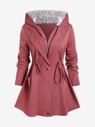 Women's Trench Coats ROSEGAL Fashion Women's Jacket Plus Size Hooded Drawstring Lace Panel Coat Light Pink Full Zip High Waist Outwear