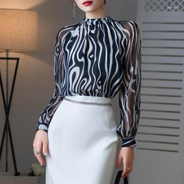 Women's Blouses Women's Tops Silk Floral Printed Office Formal Casual Shirts Plus Large Size Spring Summer Sexy Femme Navy Zebra Stripes