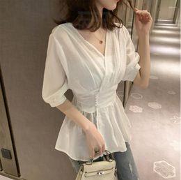 Women's Blouses Half Sleeve Blouse Ladies V Neck Solid Tops Thin Loose Casual Shirt Korean Trending Women