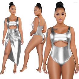 Work Dresses Silver Summer Clothes For Women Suits Two Piece Set Sexy Sleeveless Bodysuits Body Split Skirt Sets Club Party