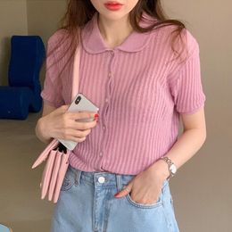 Women's Knits & Tees Korea Chic Gentle Pink And Tender Age-Reducing Doll Collar Single-Breasted Loose Pit Design Short-Sleeved Sweater Cardi